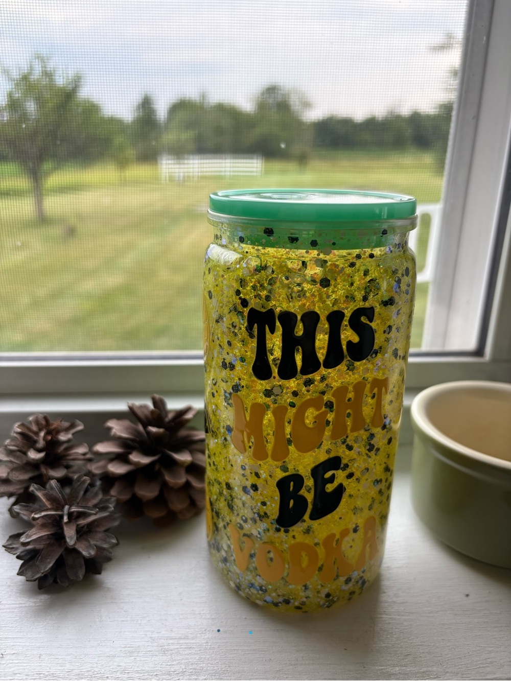 Yellow Glitter 'This Might Be Vodka' Tumbler with Mint Lid